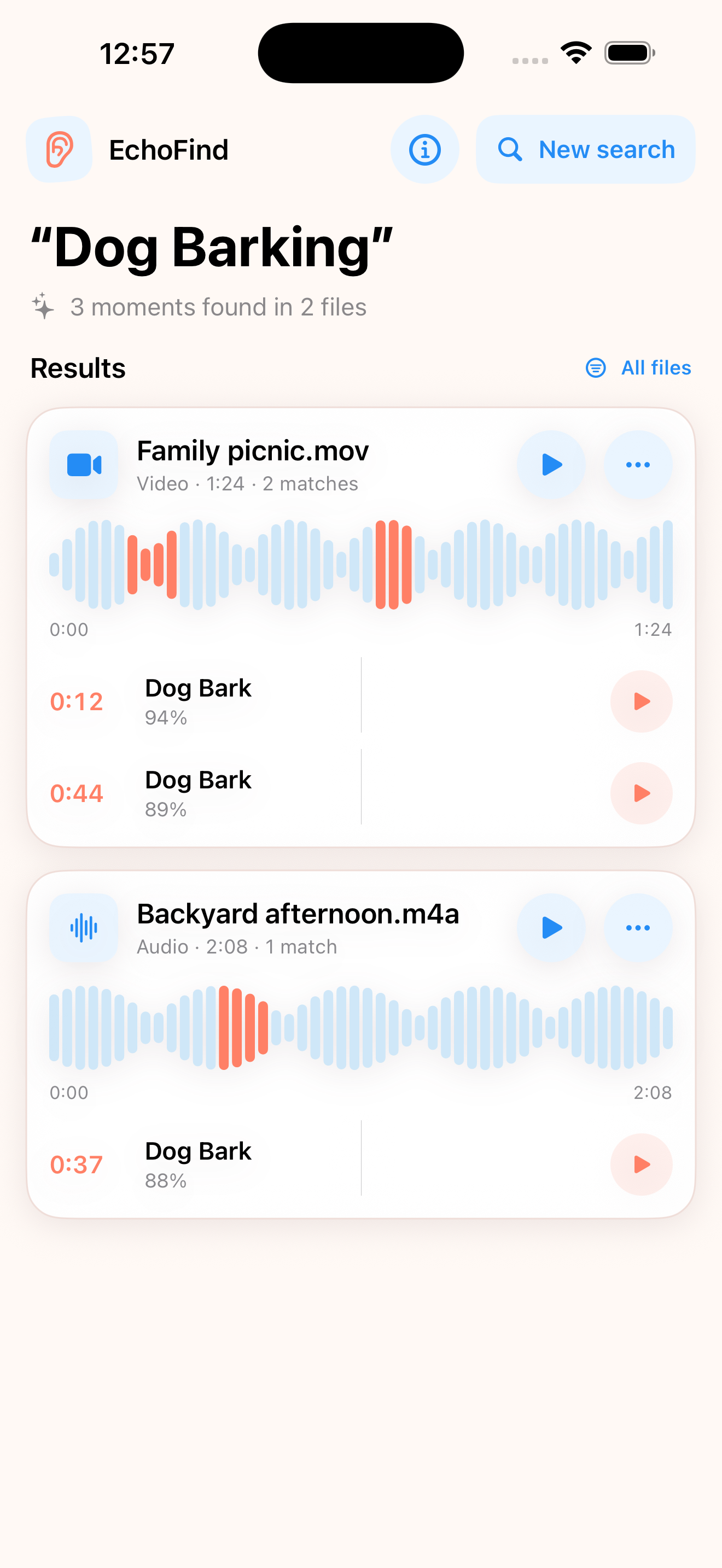 EchoFind search results with waveform and timestamps