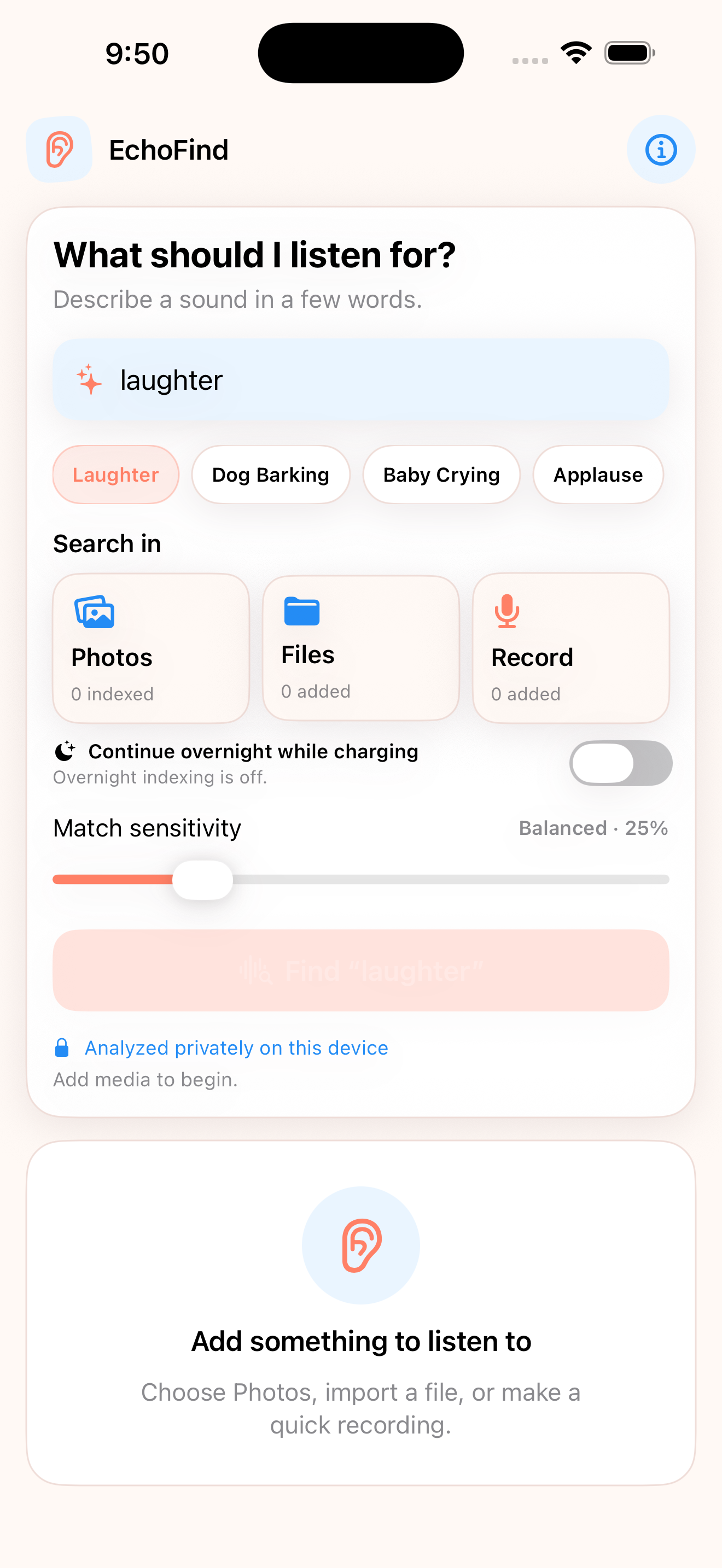 EchoFind natural sound search screen